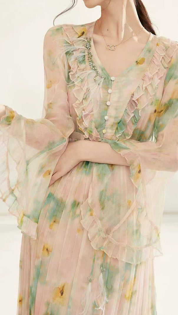 AIIZIE FLORAL PRINT CHIFFON SILK MIDI DRESS IN PALE GREEN - product image