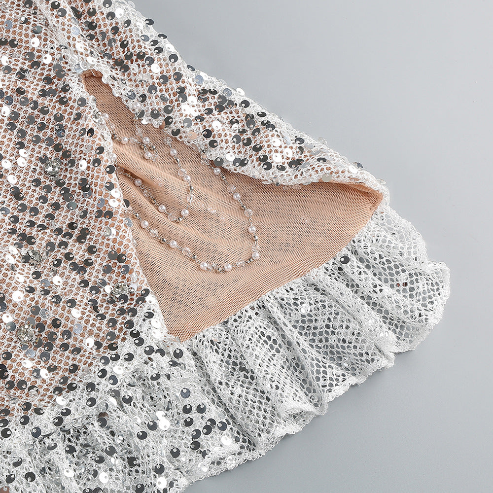 SMOT SHOULDER CHAIN RHINESTONE SEQUIN DRESS