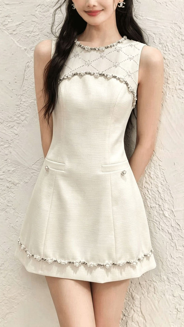 nina rhinestone a-line mini dress - beige