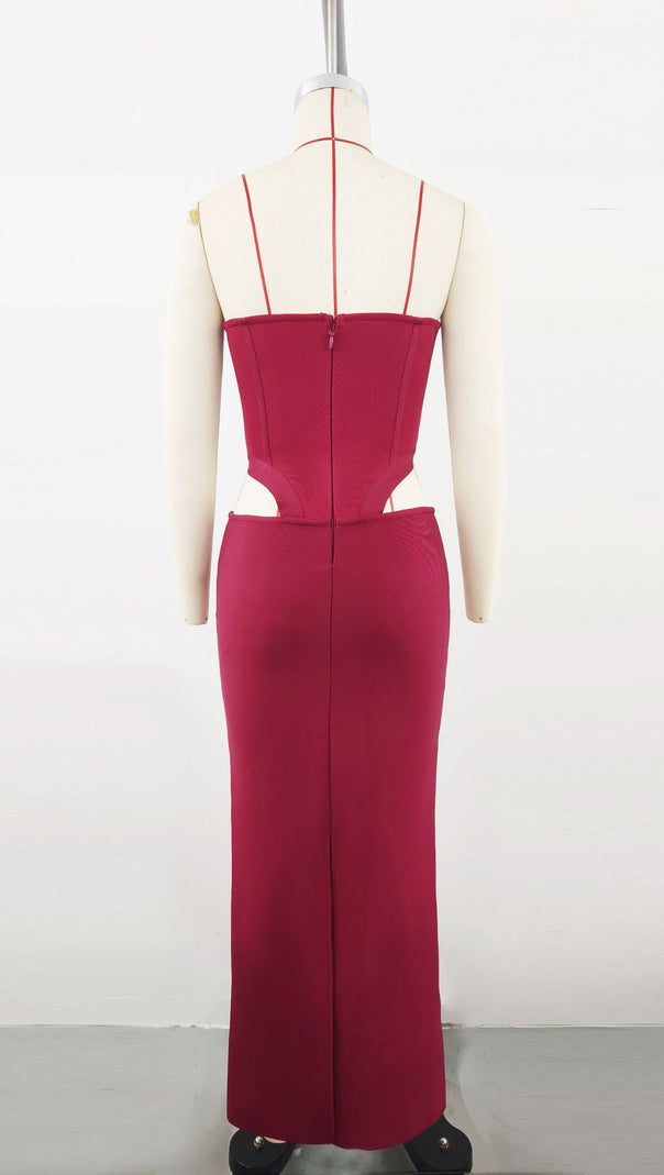 AIIZIE BURGUNDY MIDI DRESS WITH BANDEAU, BONED CORSET DESIGN - product image