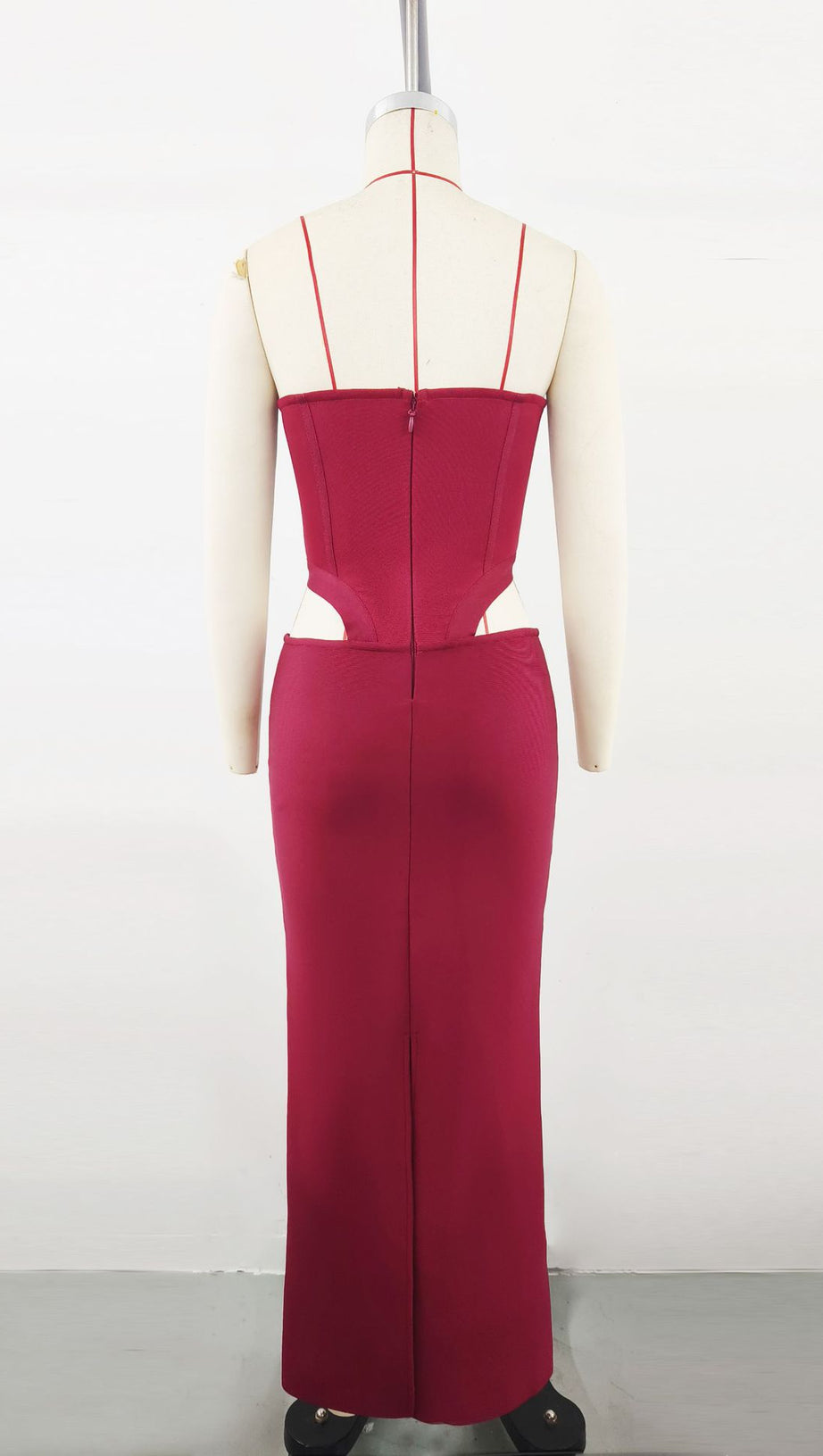 BURGUNDY MIDI DRESS WITH BANDEAU, BONED CORSET DESIGN