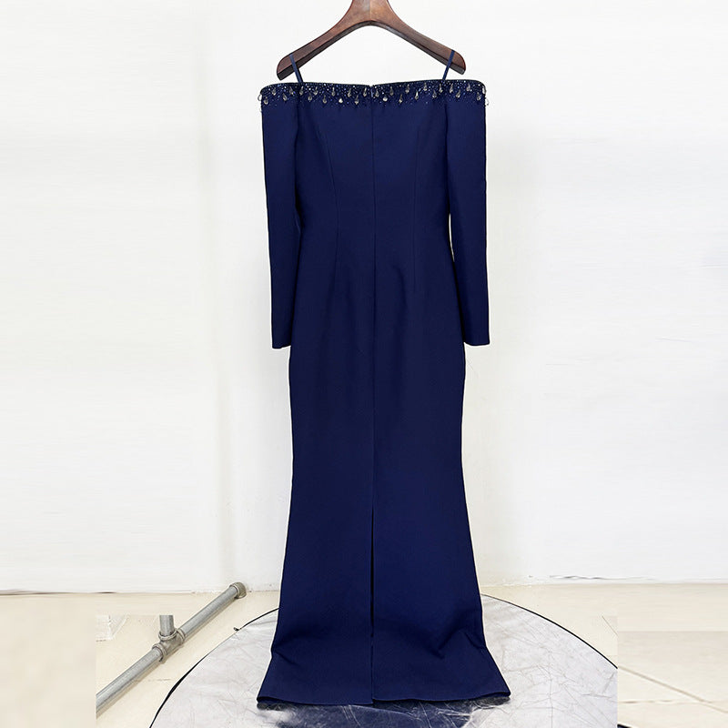 navy blue one-line collar bead diamond long dress