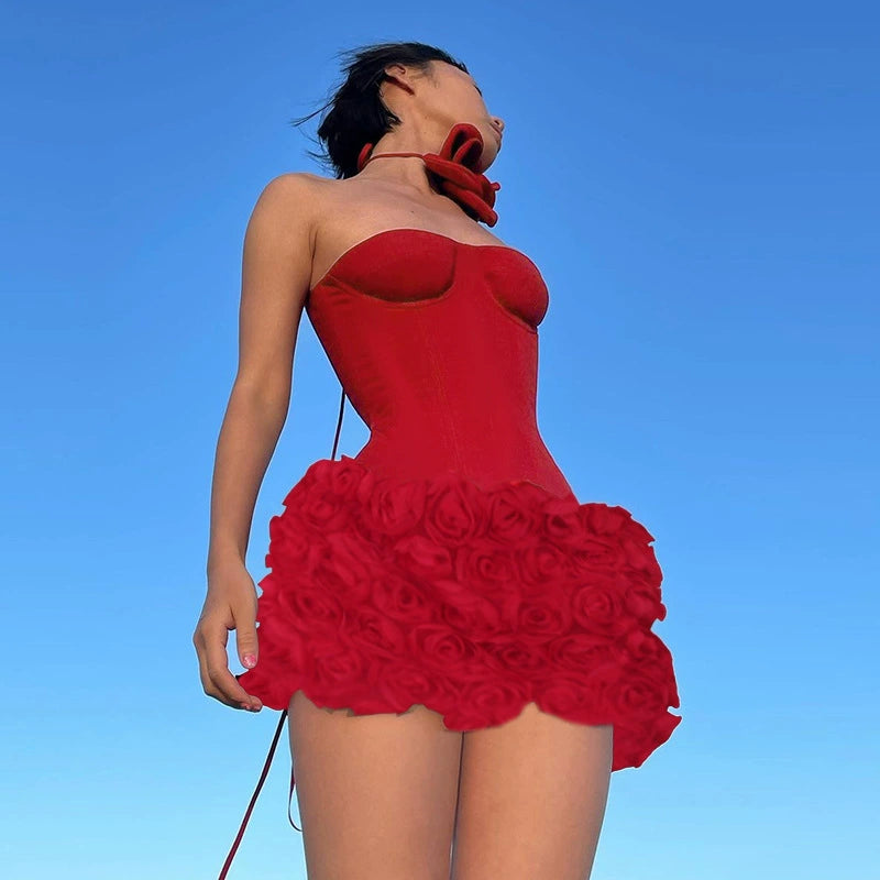 ANGELA RED FLOWER-TRIM EMBELLISHED STRAPLESS MINI DRESS