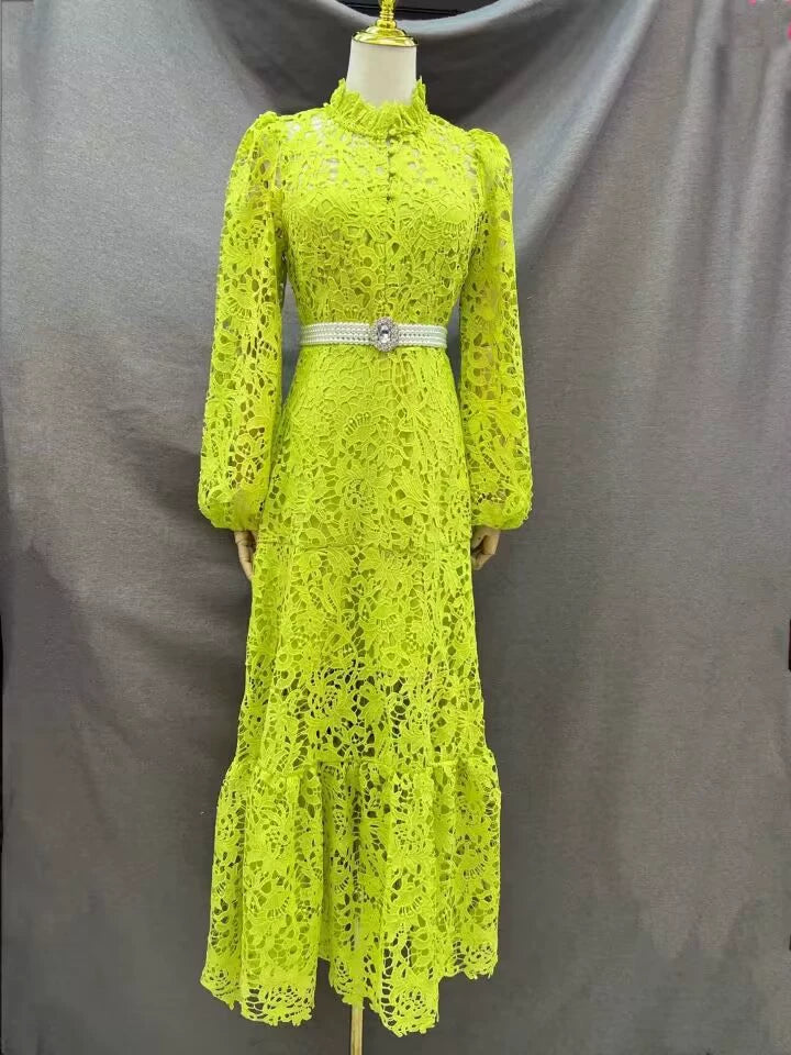 TARA GREEN LACE EMBROIDERED LONG SLEEVE MIDI DRESS