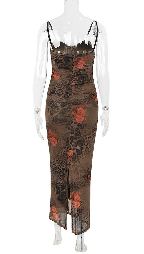 FLORAL PRINT LEPOARD MAXI DRESS