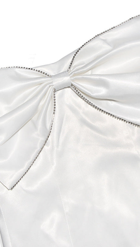 SATIN CRYSTAL EMBELLISHED BOW DRESS IN WHITE