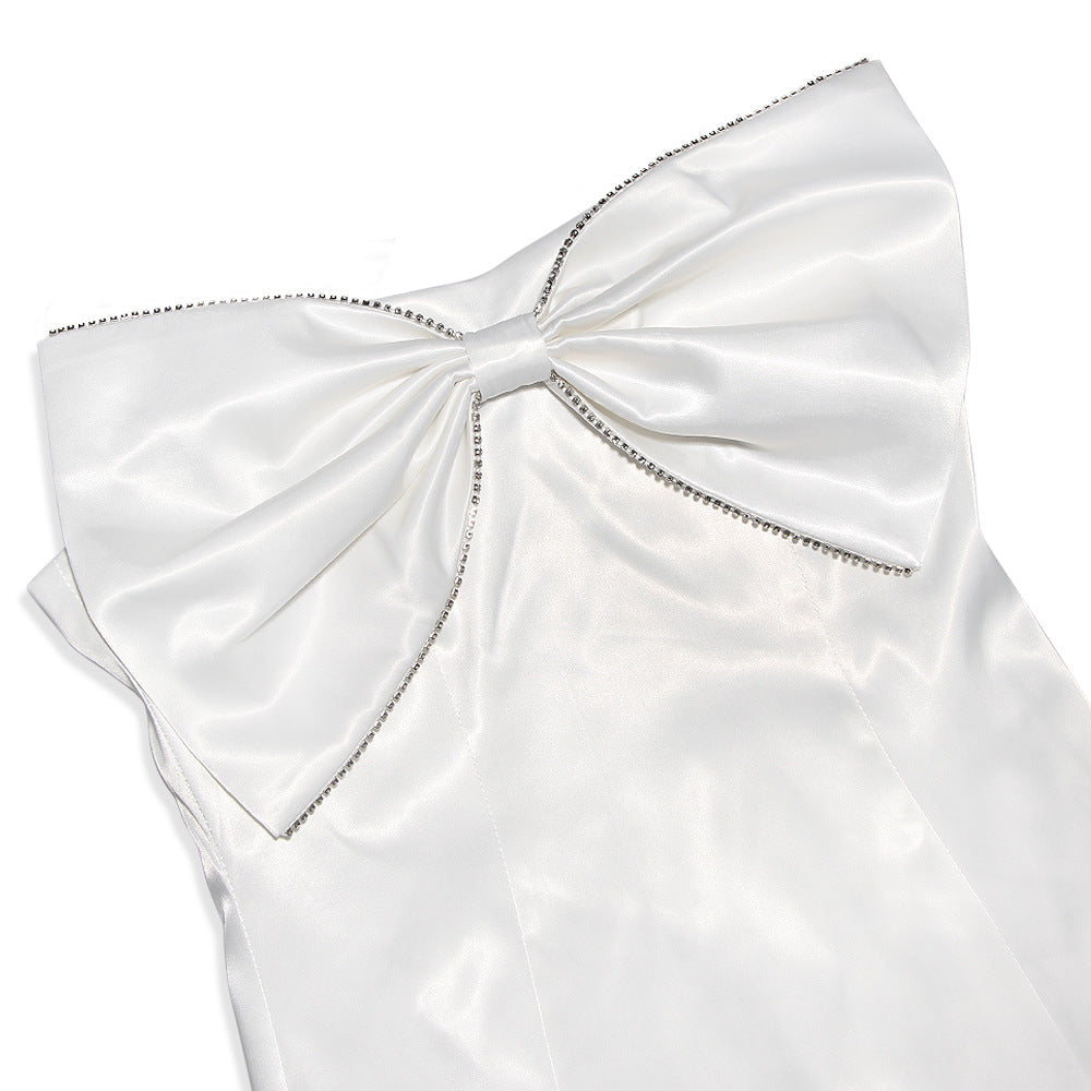 AIIZIE SATIN CRYSTAL EMBELLISHED BOW DRESS IN WHITE - product image