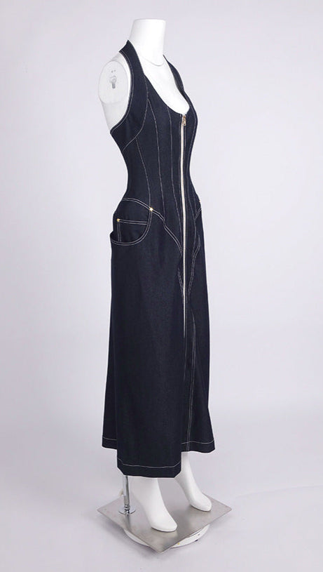 ABITO MIDI CON CORSETTO E HALT IN DENIM BLU NAVY