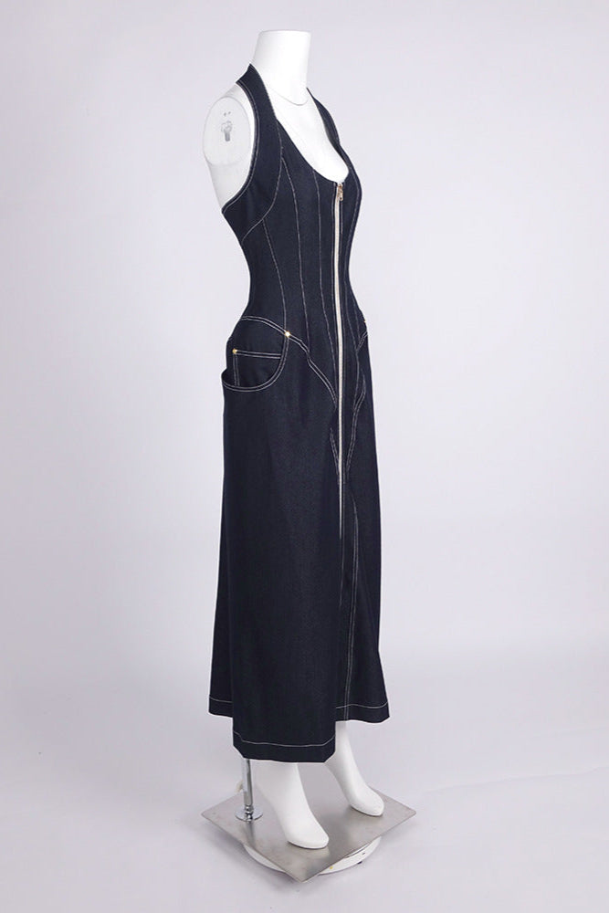 HALTERED CORSETED MIDI DRESS DENIM IN NAVY BLUE