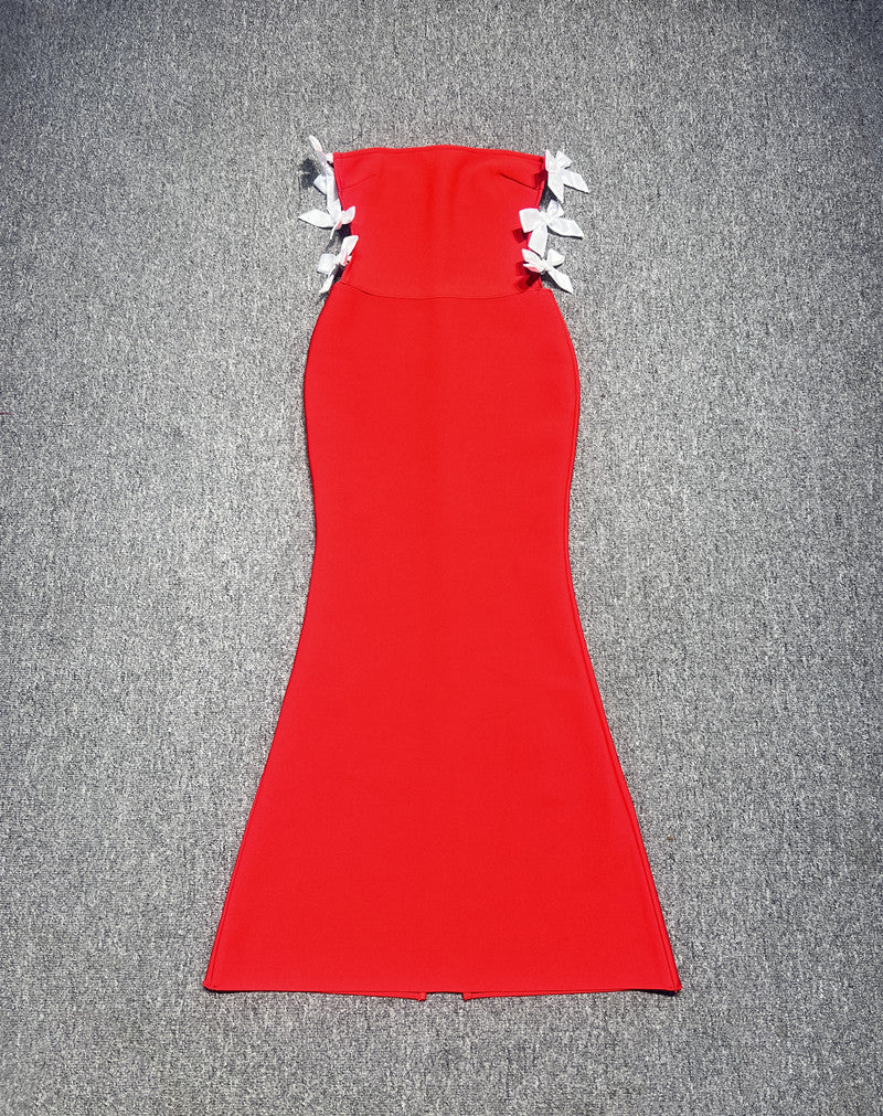 AIIZIE OFF-SHOULDER SLIM FIT HOLLOW BOW BANDAGE FISHTAIL SKIRT RED - product image