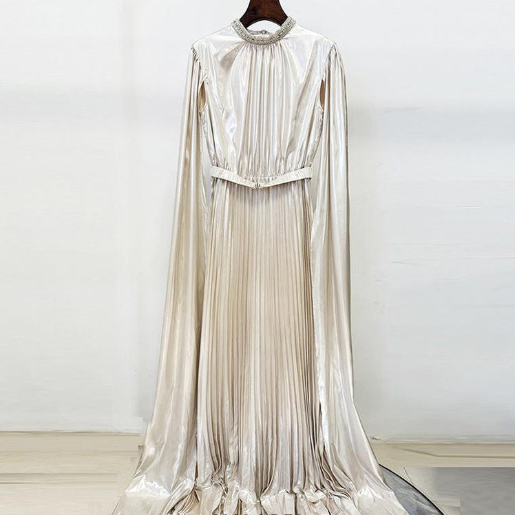nail beaded slip sleeve pleated long dress