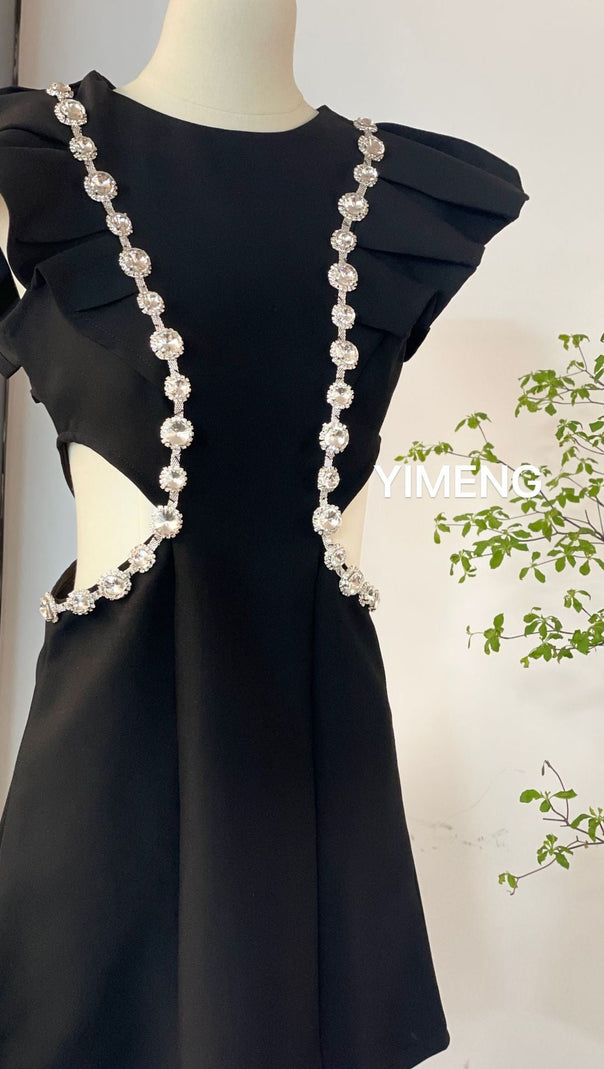 AIIZIE THREE-DIMENSIONAL RUFFLE RHINESTONE HOLLOW MINI DRESS IN BLACK - product image