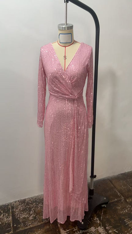 PINK SEQUINNED LONG - SLEEVED V - NECK MAXI DRESS