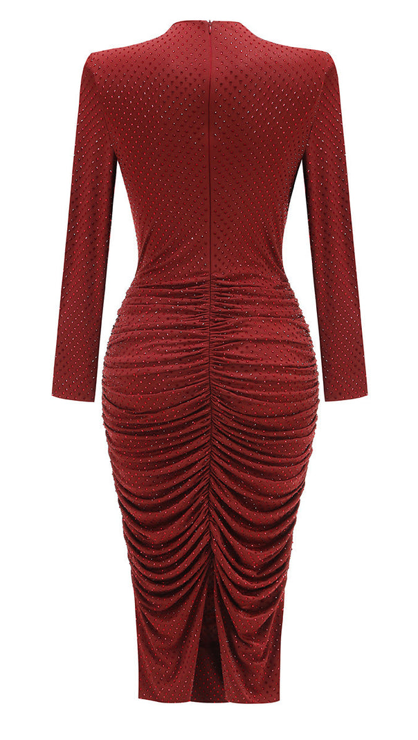 AIIZIE DIAMOND EMBELLISHED PLEATED MIDI DRESS IN MERLOT - product image