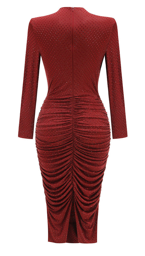 DIAMOND EMBELLISHED PLEATED MIDI DRESS IN MERLOT