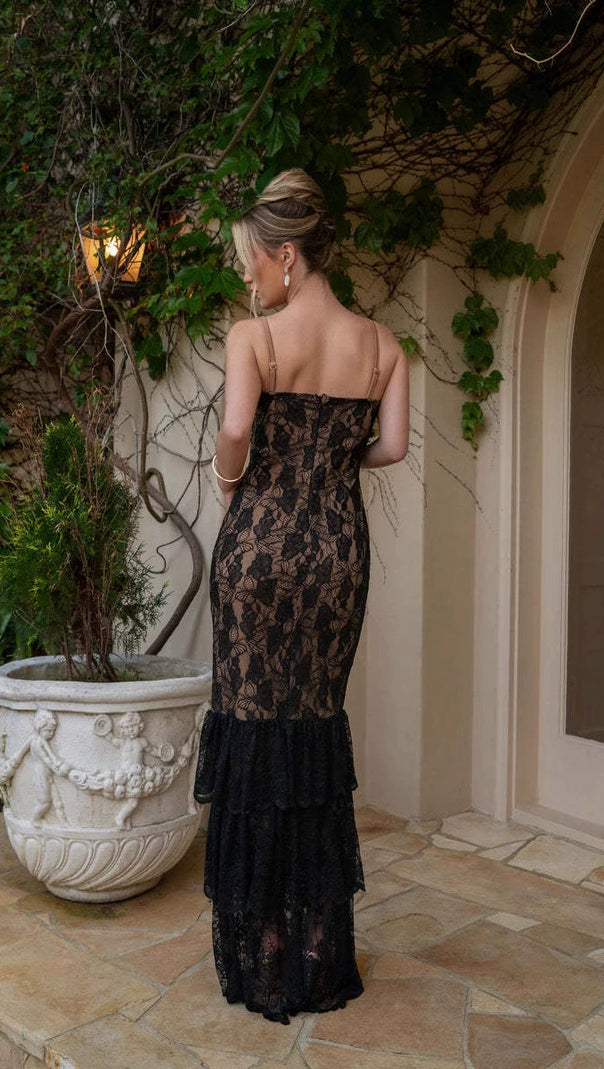 AIIZIE CARLIN LAYER LACE MAXI DRESS IN BLACK - product image
