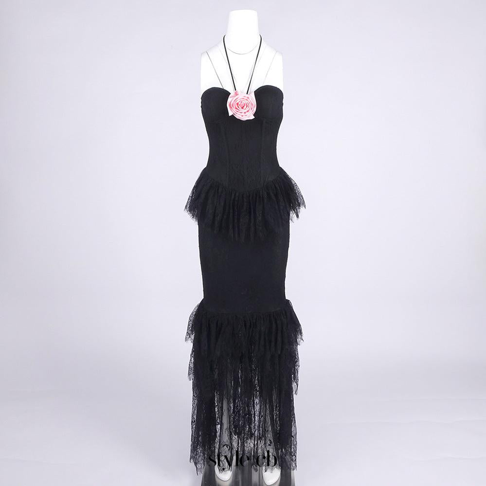 AIIZIE LACE TIERED FLOWER STRAPLESS MAXI DRESS IN BLACK - product image