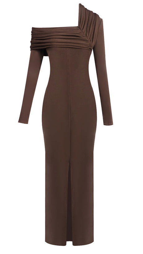 maud One-shoulder pleated high-slit maxi dress - brown