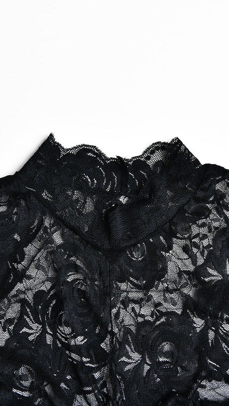 TOP CORTO IN PIZZO FLOREALE NERO