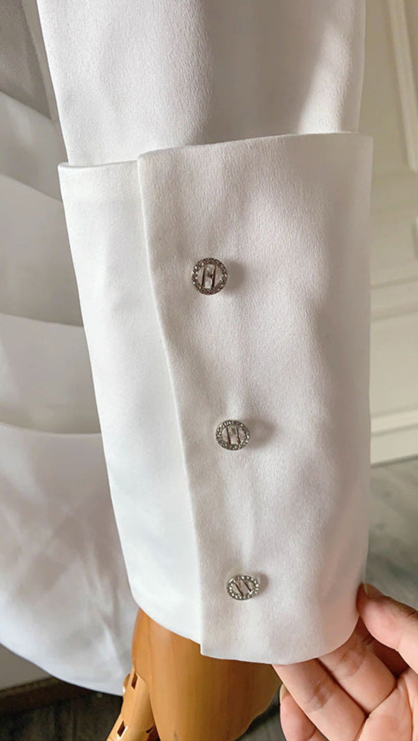 AIIZIE ALYSSA DEEP V SEE-THROUGH FISHBONE PLEATED HIP BLAZER MINI DRESS IN WHITE - product image