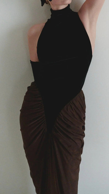 ABITO LUNGO IN PATCHWORK DI VELLUTO E RETE NERO