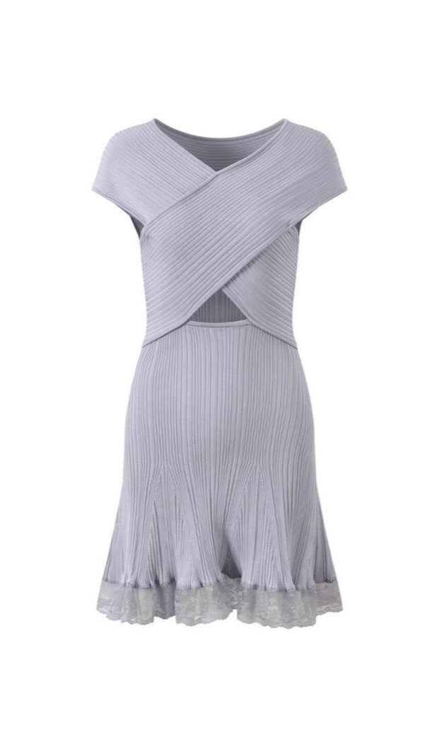 AIIZIE BLUE KNIT LACE CUTOUT MINI DRESS - product image