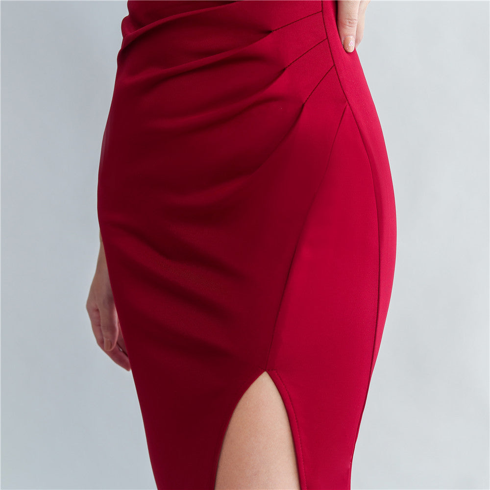 AIIZIE ONE-SHOULDER EMBROIDERY HIGH SLIT DRESS IN RED - product image