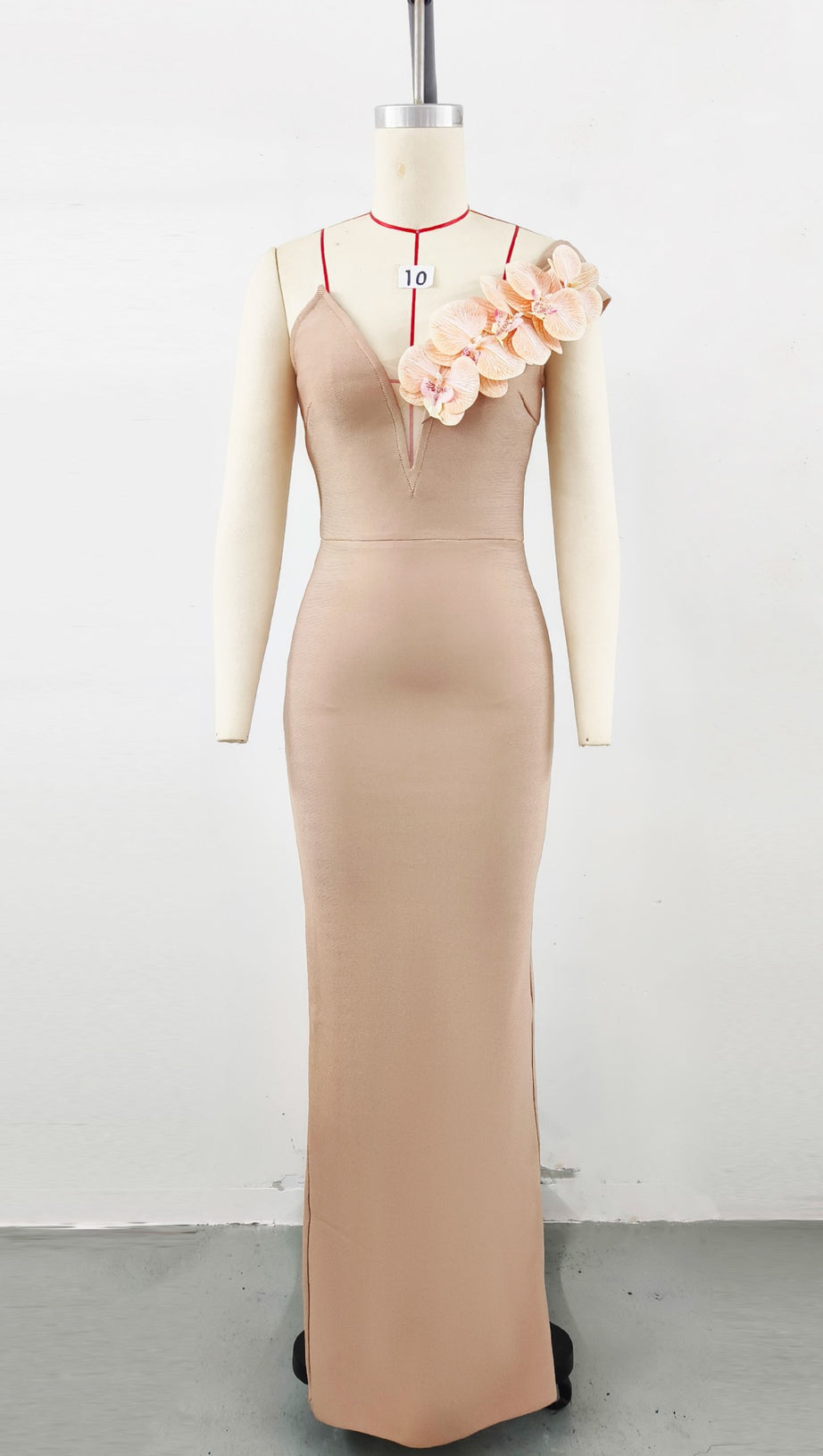 APRICOT ONE-SHOULDER FLORAL BANDAGE SPLIT MAXI DRESS