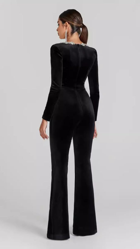BLACK LONG - SLEEVED JUMPSUIT WITH WIDE - LEG PANTS