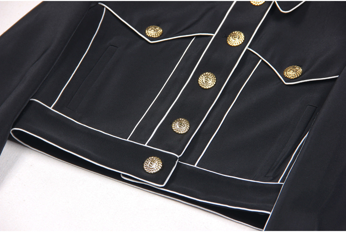 SEVEN-BUTTON BLACK PIPED-TRIM JACKET