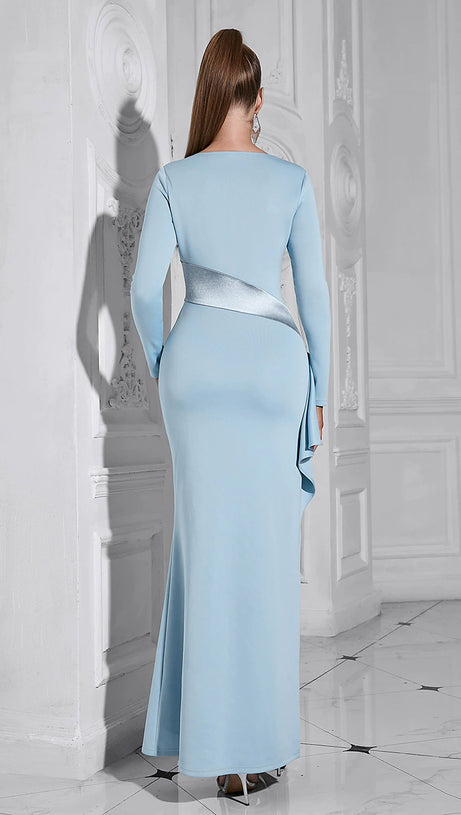 CLARA HIGH SLIT PATCHWORK BODYCON MAXI DRESS IN PALE BLUE