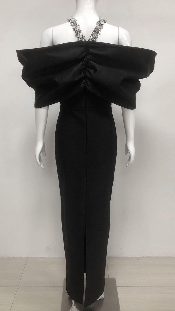 AIIZIE BLACK HEAVY DIAMOND HALTER MAXI DRESS - product image