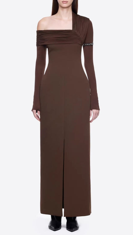 maud One-shoulder pleated high-slit maxi dress - brown