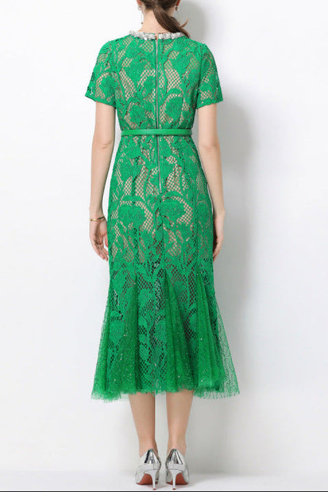 Rhinestone Floral Lace Fishtail Midi Dress in Emerald