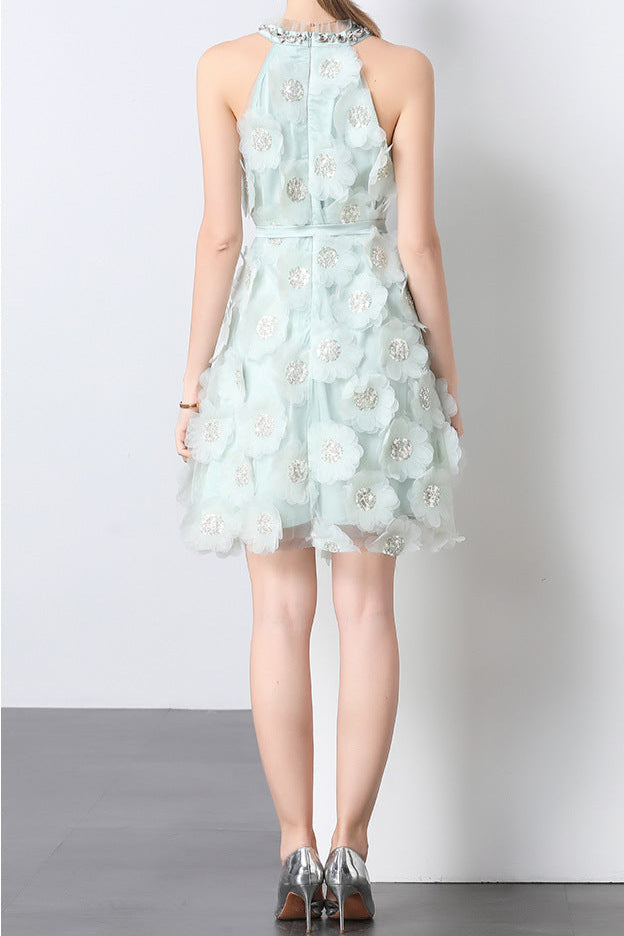 CHLOE RHINESTONE 3D FLOWER MINI DRESS IN MINT