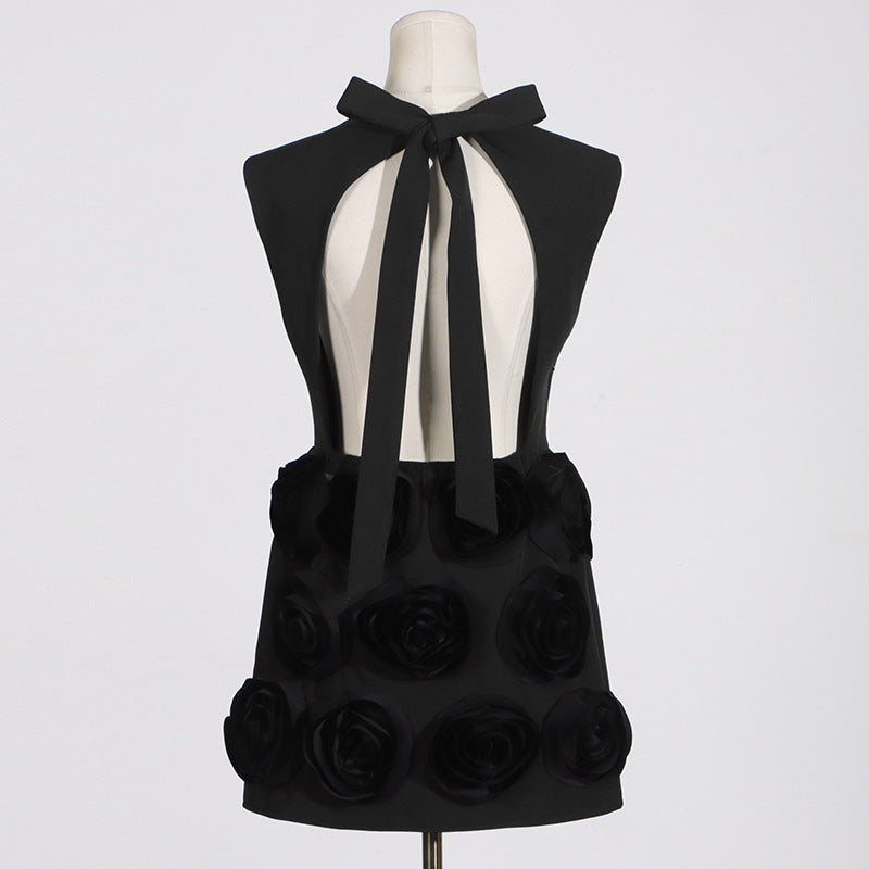 XAVIERA ROSE APPLIQUE MINI DRESS IN BLACK