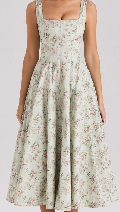 Gemma Floral GRÜNES Midikleid aus Stretch-Baumwolle mit Schnürung