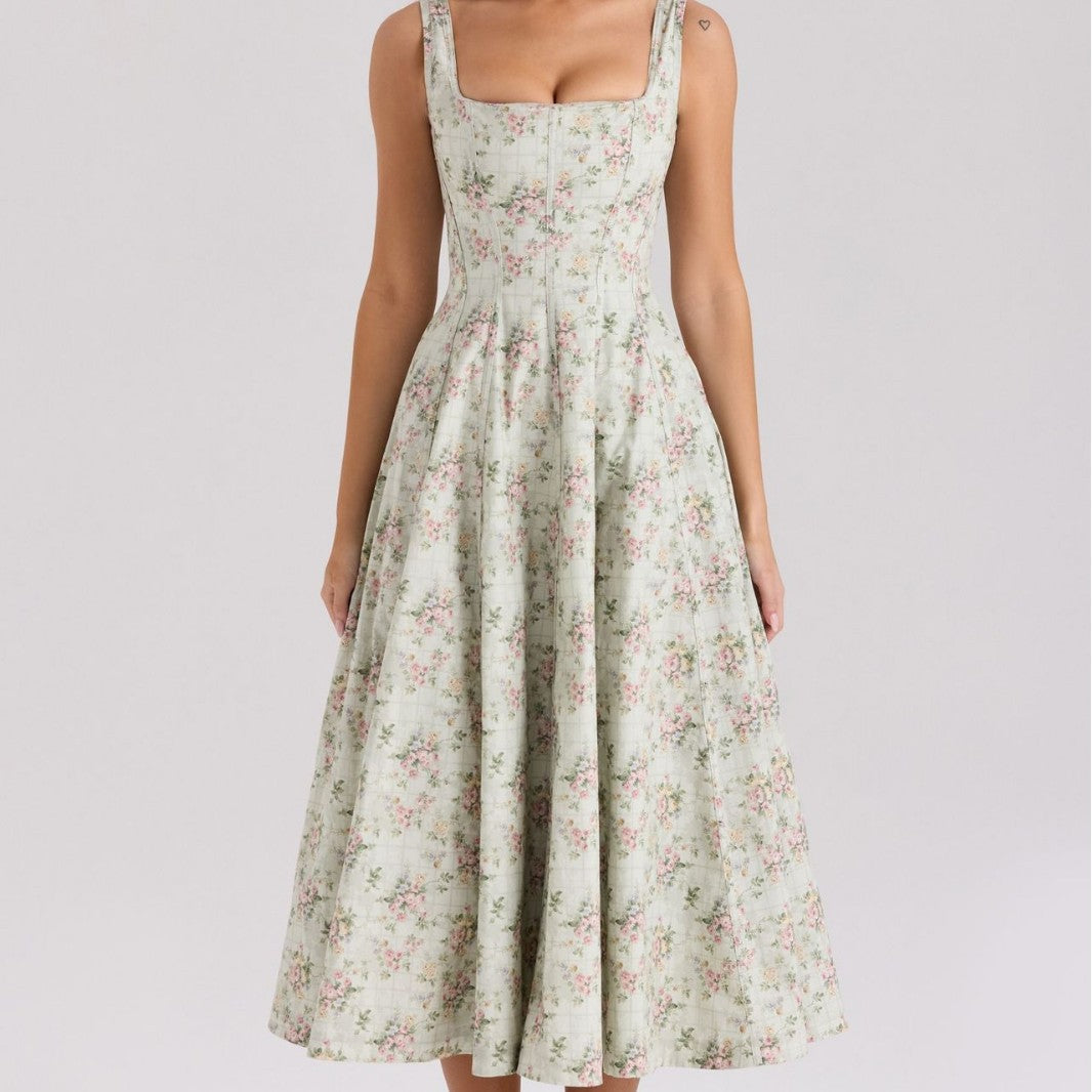 AIIZIE GEMMA FLORAL GREEN LACE-UP STRETCH COTTON MIDI DRESS - product image