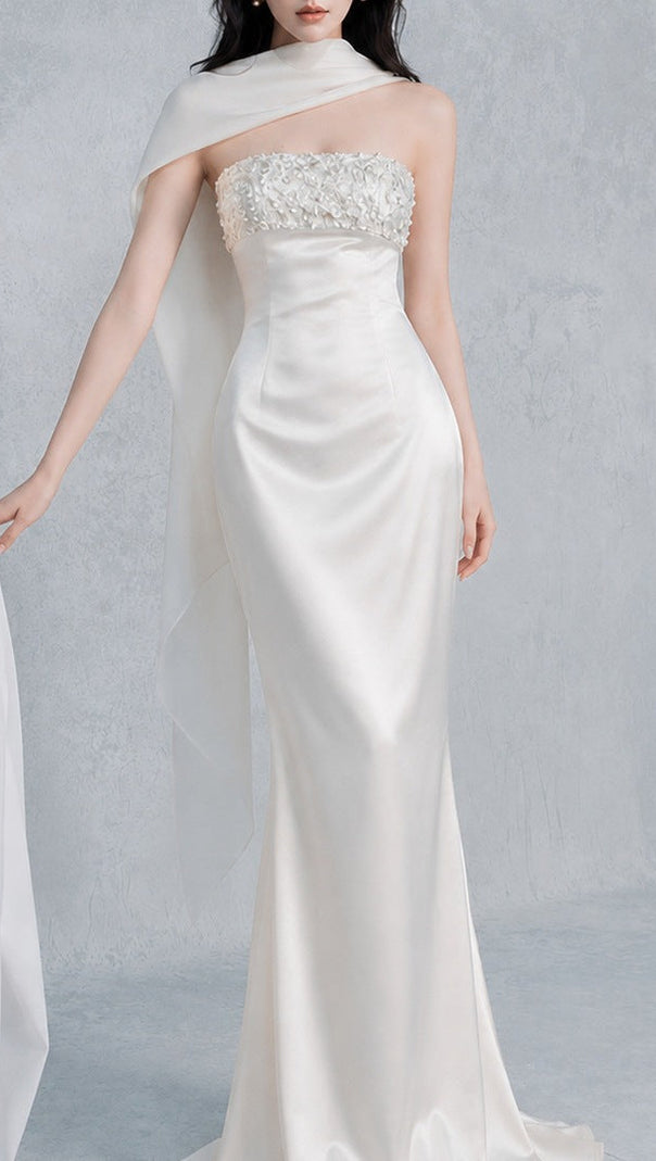 sylvia rhinestone embellish strapless satin maxi dress  - white