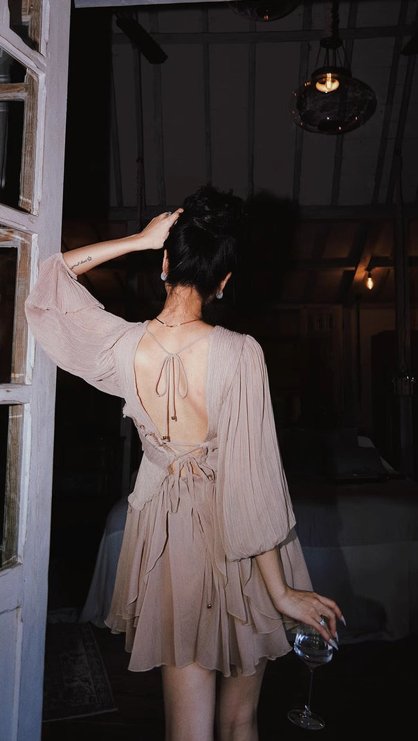 AIIZIE V-NECK LANTERN SLEEVE PLEATED MIDI DRESS IN PALE COFFEE - product image