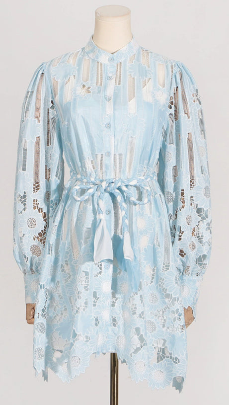 JETSETTER HOLLOW LONG SLEEVE MINI DRESS IN BLUE