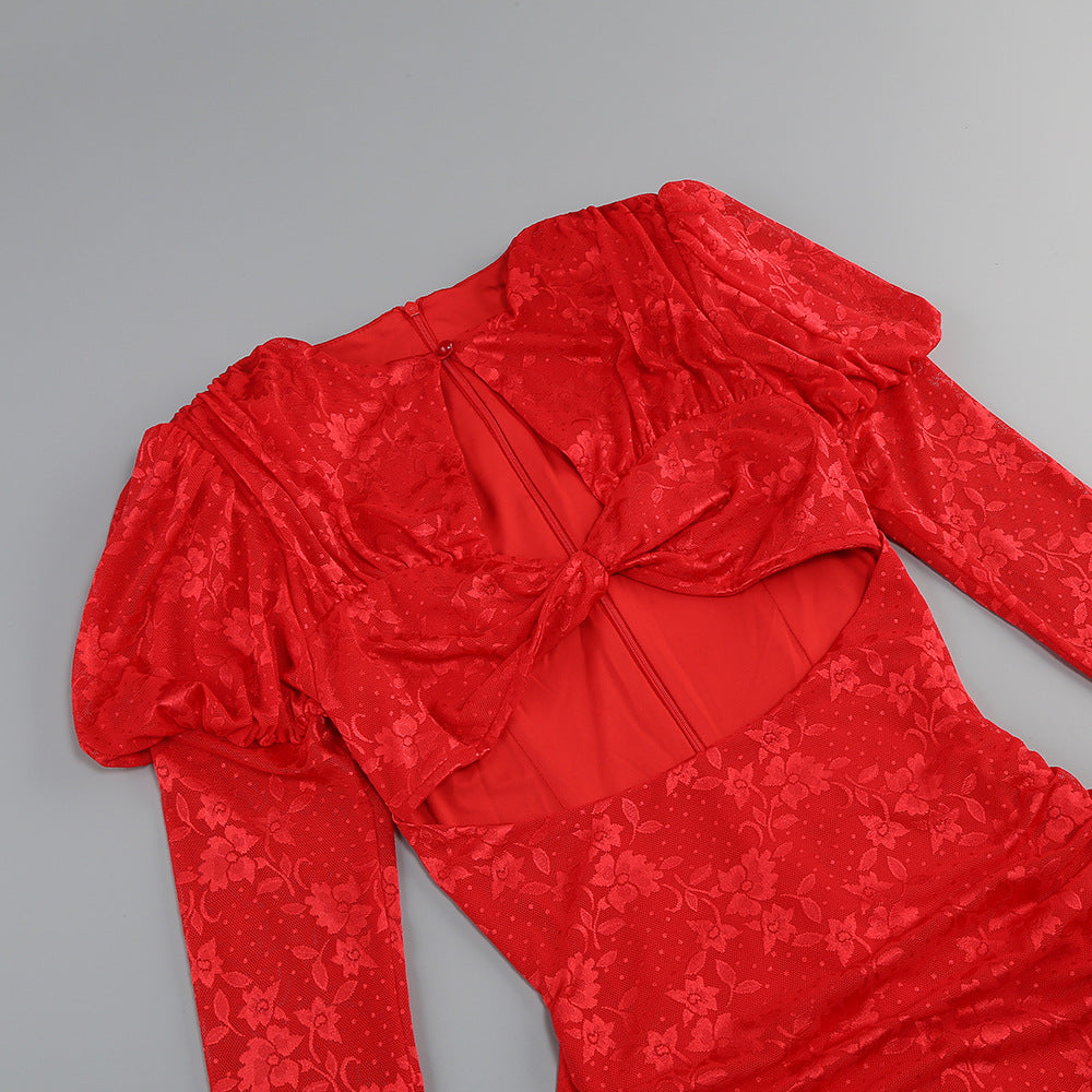 AIIZIE RED CUT - OUT RUCHED MINI DRESS WITH GLOVES - product image