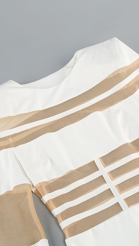 ABITO MIDI ADERENTE A MANICHE LUNGHE CON PANNELLI IN RETE BIANCA