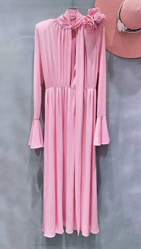 ERIN LANTERN SLEEVE HIGH COLLAR FLOWER SLIT MIDI DRESS IN PINK