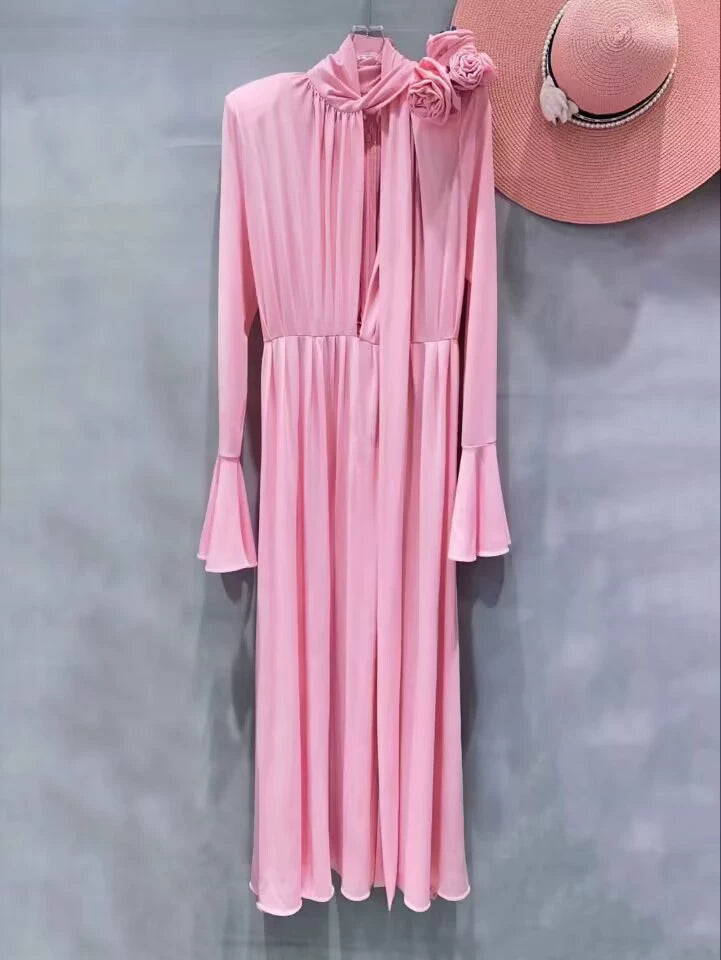 AIIZIE ERIN LANTERN SLEEVE HIGH COLLAR FLOWER SLIT MIDI DRESS IN PINK - product image