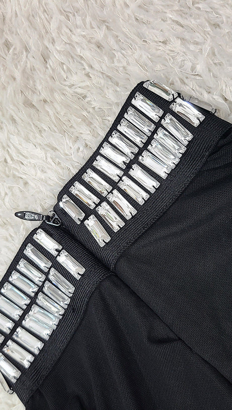 CRYSTAL EMBELLISHMENTS BLACK CRÊPE MAXI DRESS