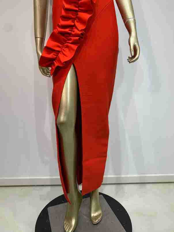 Gerüschtes V-Ausschnitt Schlitz Party Abendkleid Rot