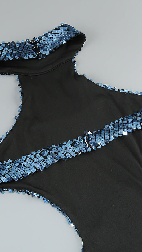 SHARON SEQUIN HALTER MAXI DRESS IN CERULEAN BLUE