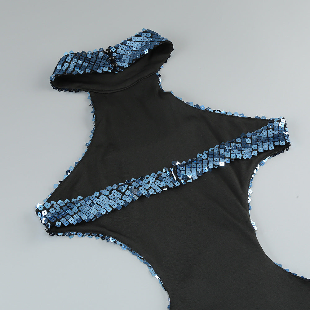 AIIZIE SHARON SEQUIN HALTER MAXI DRESS IN CERULEAN BLUE - product image