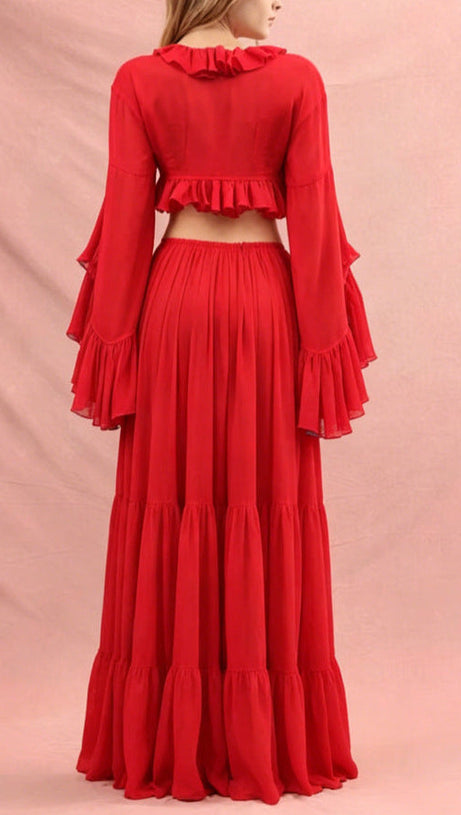 Ruffle cardigan crop top & maxi skirt set - red